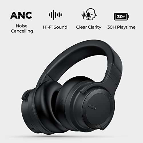 commalta E7 Active Noise Cancelling Headphones Wireless Bluetooth Headphones with Rich Bass, Wireless Headphones with Clear Calls, Bluetooth 5.0, 30 Hours Playtime, Comfort Fit, Black