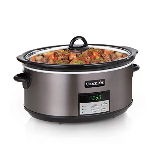 Crock-Pot Large 8 Quart Programmable Slow Cooker with Auto Warm Setting and Cookbook, Black Stainless Steel