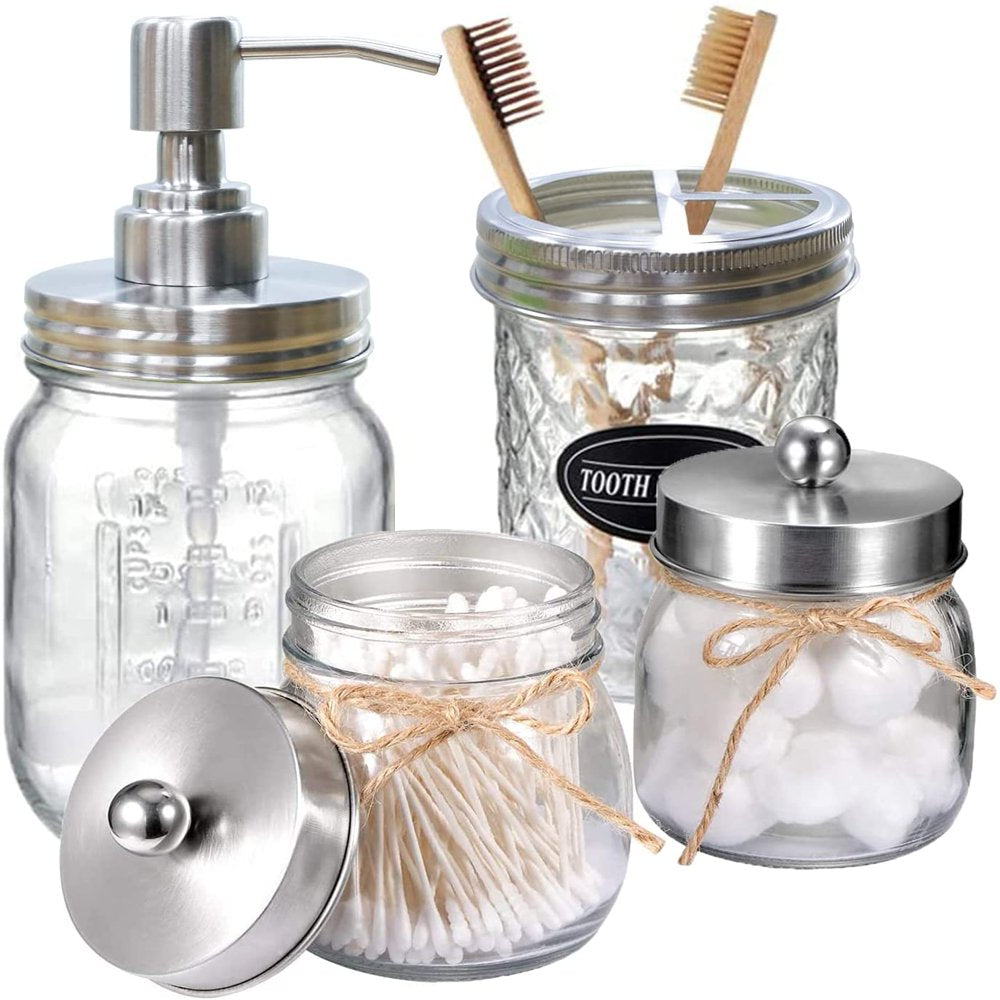 Mason Jar Bathroom Accessories Set (4PCS) - Lotion Soap Dispenser,Toothbrush Holder,2 Apothecary Jars- Rustic Farmhouse Decor (Black)