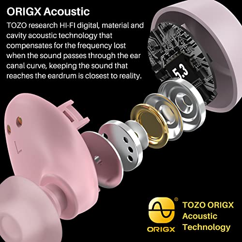 TOZO A1 Mini Wireless Earbuds Bluetooth 5.3 in Ear Light-Weight Headphones Built-in Microphone, IPX5 Waterproof, Immersive Premium Sound Long Distance Connection Headset with Charging Case, Rose Gold