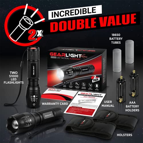GearLight 2pack LED Flashlights High Lumens - Mini Flashlights for Camping, Hiking, Dog Walking - Powerful Emergency Flashlights with 5 Modes for Outdoor Use - Bright Flashlight with Zoomable Beam