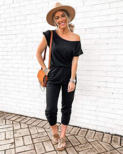 PRETTYGARDEN Women's Loose Solid Off Shoulder Elastic Waist Stretchy Long Romper Jumpsuit(Black,Large)