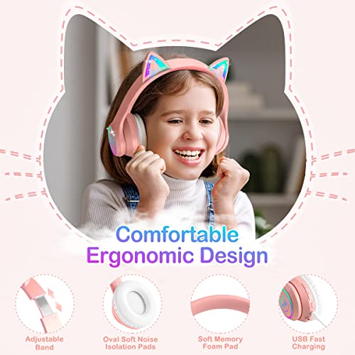 LOBKIN Bluetooth 5.3 Kids Headphones with Case - RGB LED Light Up Cat Ears Foldable Adjustable On-Ear Headset Support Wireless or 3.5mm Wired Mode for Toddler & Girls & Boys Teens (Pink)