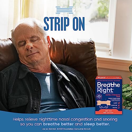 Breathe Right Nasal Strips, Extra Strength, Tan Nasal Strips, Help Stop Snoring, Drug-Free Snoring Solution & Instant Nasal Congestion Relief Caused by Colds & Allergies, 44Ct (Packaging My Vary)