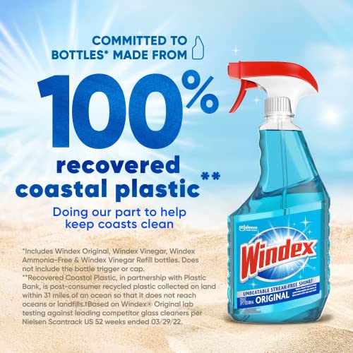 Windex Glass and Window Cleaner Spray Bottle, Bottle Made from 100% Recovered Coastal Plastic, Original Blue, 23 fl oz
