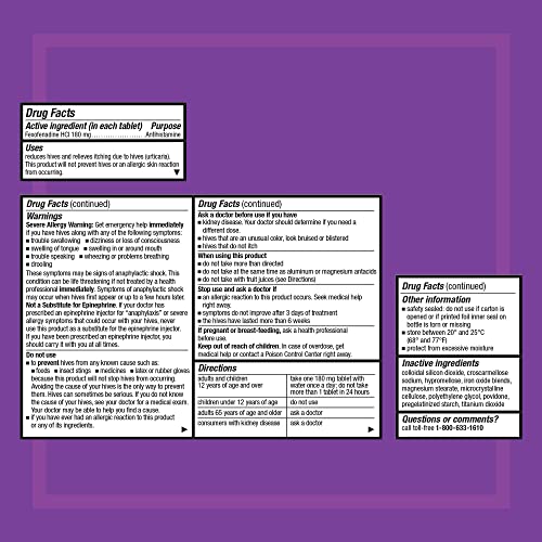 Allegra Hives Non-Drowsy Antihistamine Tablets, 30-Count, 24HR Hives Reduction & Itch Relief, 180mg