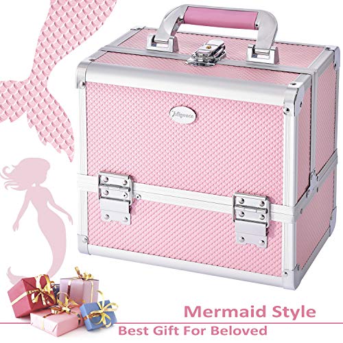 Joligrace Makeup Train Case Cosmetic Box 10 Inches Jewelry Organizer Professional 3 Tiers Trays with Mirror and Brush Holder Lockable Key Portable Travel Mermaid Pink