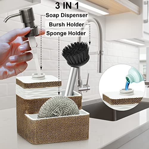 Suanti Kitchen Dish Soap Dispenser with Sponge Holder&Brush Holder for Sink Organize Eco-Friendly Resin Hand Soap Sponge Dispenser 3 in 1 Hold 11oz Liquid Dish Soap,Scrubber for Bathroom-Brown&White
