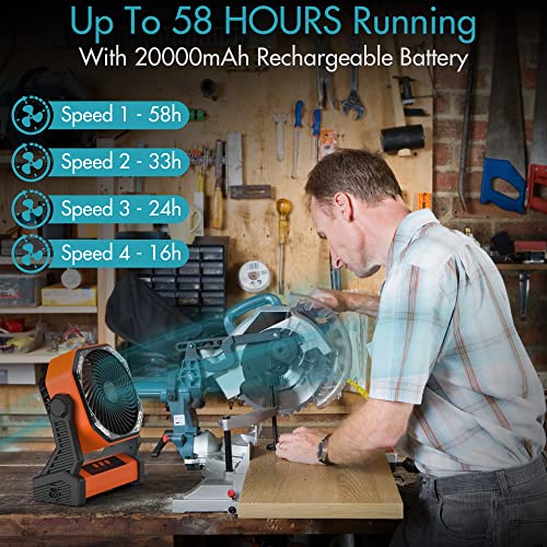 AddAcc 20000mAh Battery Operated Portable Fan 8 inch Rechargeable Camping Fan with LED Light with Hanging Hook for Tent Travel Car Jobsite Outdoor Fishing