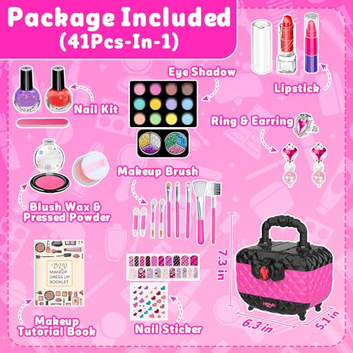 Hollyhi 41 Pcs Kids Makeup Kit for Girl, Washable Makeup Set Toy with Real Cosmetic Case for Little Girls, Pretend Play Makeup Beauty Set Birthday Toys Gift for 3 4 5 6 7 8 9 10 11 12 Years Old Kid