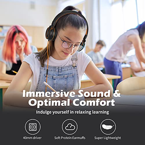 AILIHEN Kids Headphones, I35 On-Ear Headphones for School, Safe Volume 93dB, HD Mic Stereo Headphone for Kid Girls Boys, Foldable 3.5mm Wired for Chromebook, Laptop, Computer, Tablet (Black Orange)