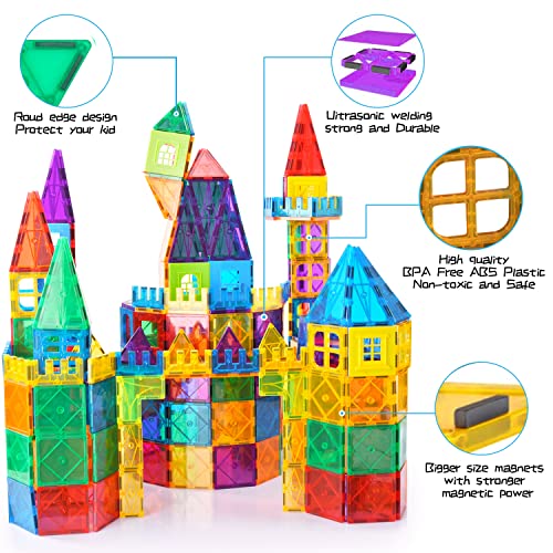 AFUNX 130 PCS Magnetic Tiles Building Blocks 3D Clear Construction Playboards, Inspiration , Creativity Beyond Imagination, Educational Magnet Toy Set for Kids with 2 Cars