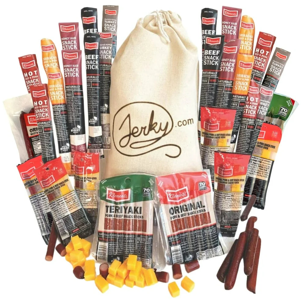 Jerky Gift Basket - 26pc Jerky Variety Pack of Beef, Pork, Turkey & Ham Snack Sticks - Meat and Cheese Gift Set