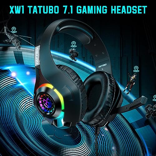 Tatybo Gaming Headset for PS4 PS5 Switch Xbox One PC with RGB Light, Noise Canceling Mic, Surround Sound Gaming Headphones