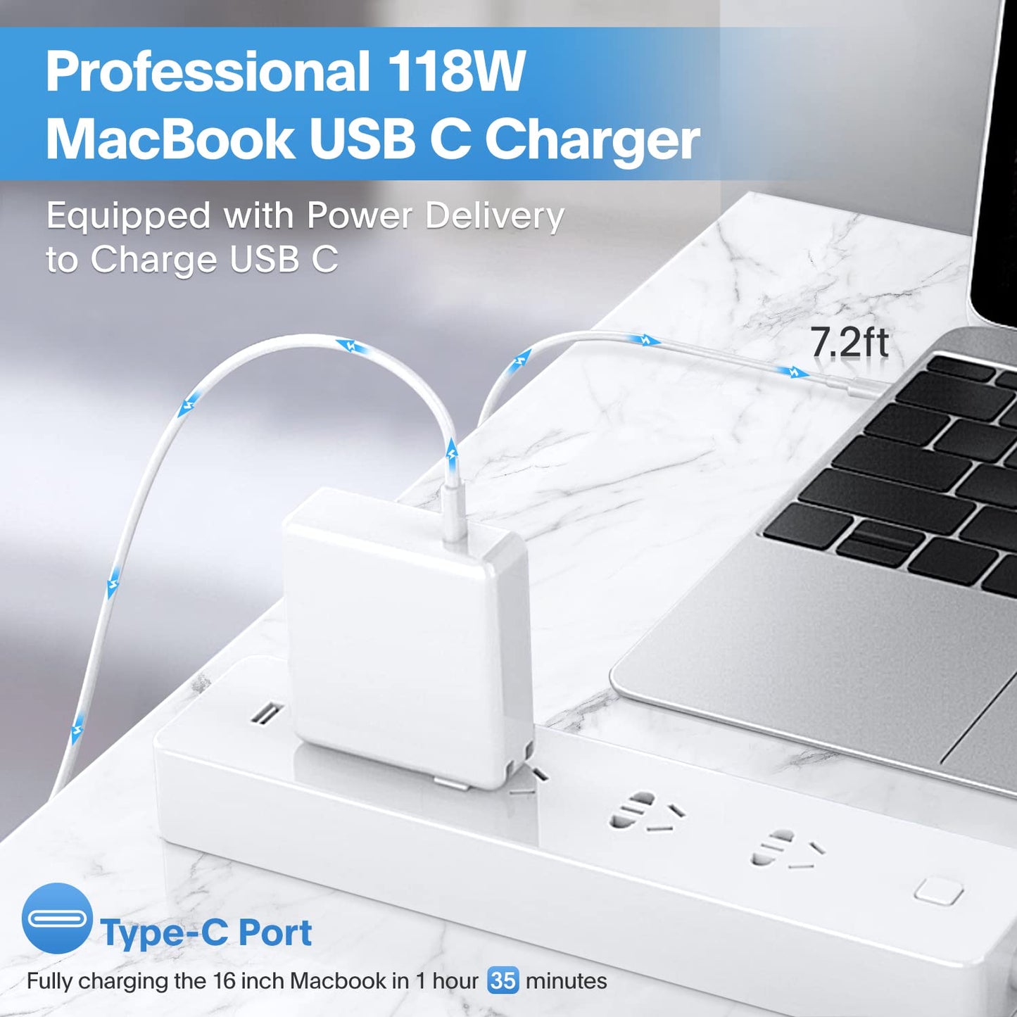 Mac Book Pro Charger - 118W USB C Charger Fast Charger for USB C Port MacBook pro/Air, ipad Pro, Samsung Galaxy and All USB C Device, Include Charge Cable(7.2ft/2.2m)