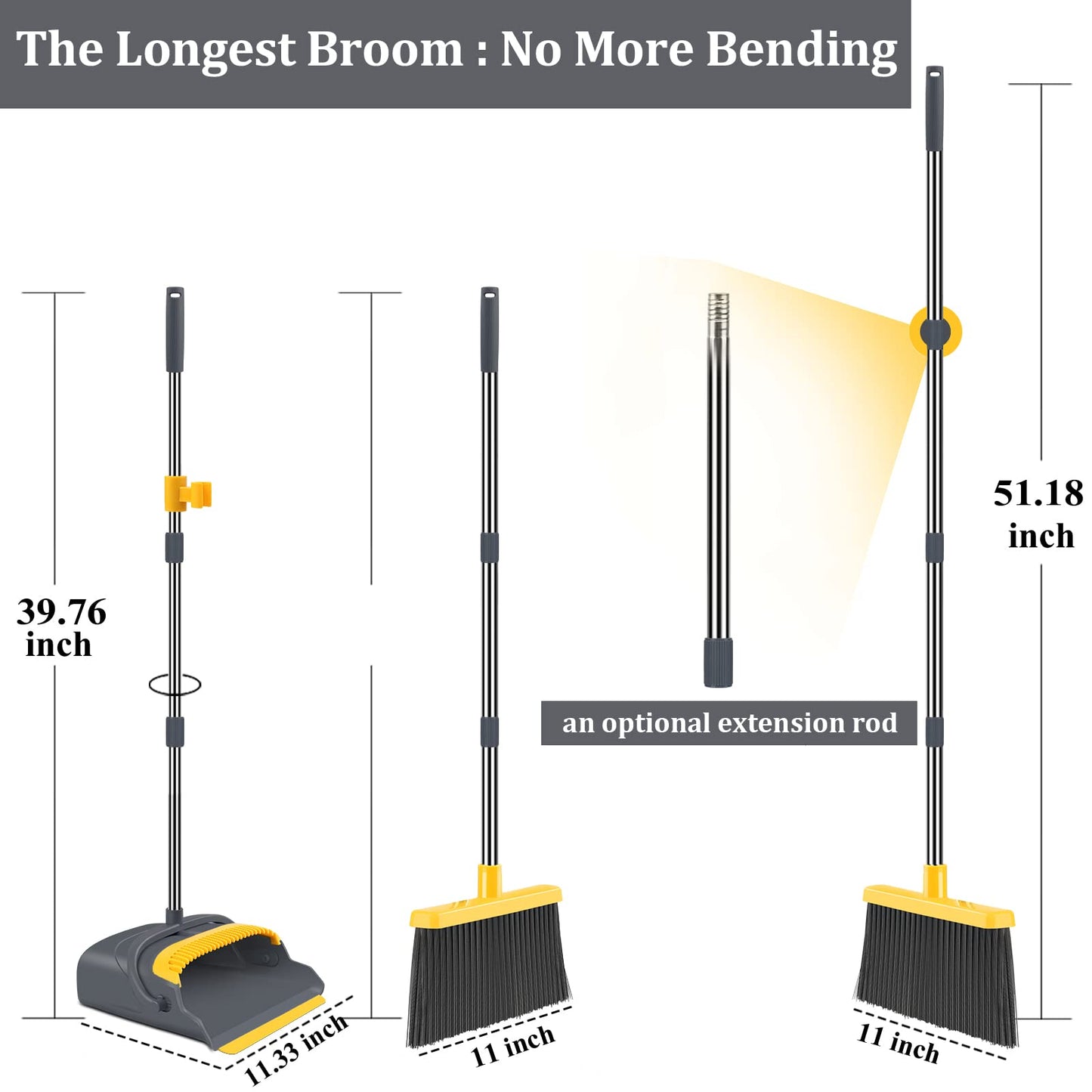 kelamayi Broom and Dustpan Set for Home,Broom and Dustpan Set, Broom Dustpan Set, Broom and Dustpan Combo for Office, Indoor&Outdoor Sweeping, Stand Up Broom and Dustpan (Gray&Yellow)
