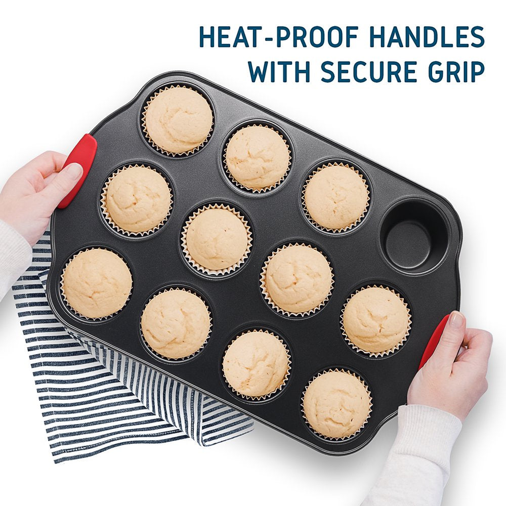 Nonstick Bakeware Set - 15 PC Baking Tray Set With Silicone Handles & Utensils - Oven Safe & Carbon Steel Cookie Sheets, Baking Pans, Black
