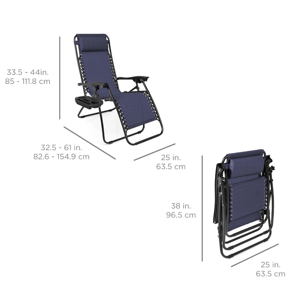 Best Choice Products Set of 2 Zero Gravity Lounge Chair Recliners for Patio, Pool w/ Cup Holder Tray - Navy Blue