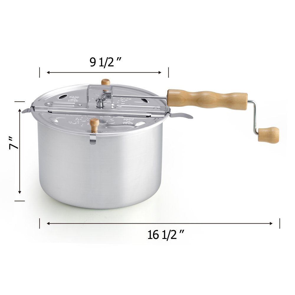 Stovetop Popcorn Popper with Crank, 6-Quart Aluminum Popcorn Pot, Silver