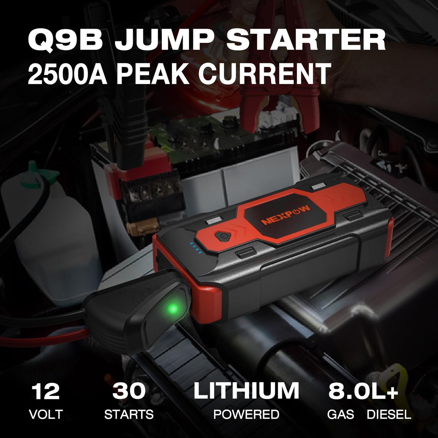 NEXPOW Battery Jump Starter 2500A Car Jump Starter (up to 8.0L Gas/8L Diesel Engines) 12V Car Battery Booster Pack with USB Quick Charge 3.0 and 4 LED Modes Red Blue Warning