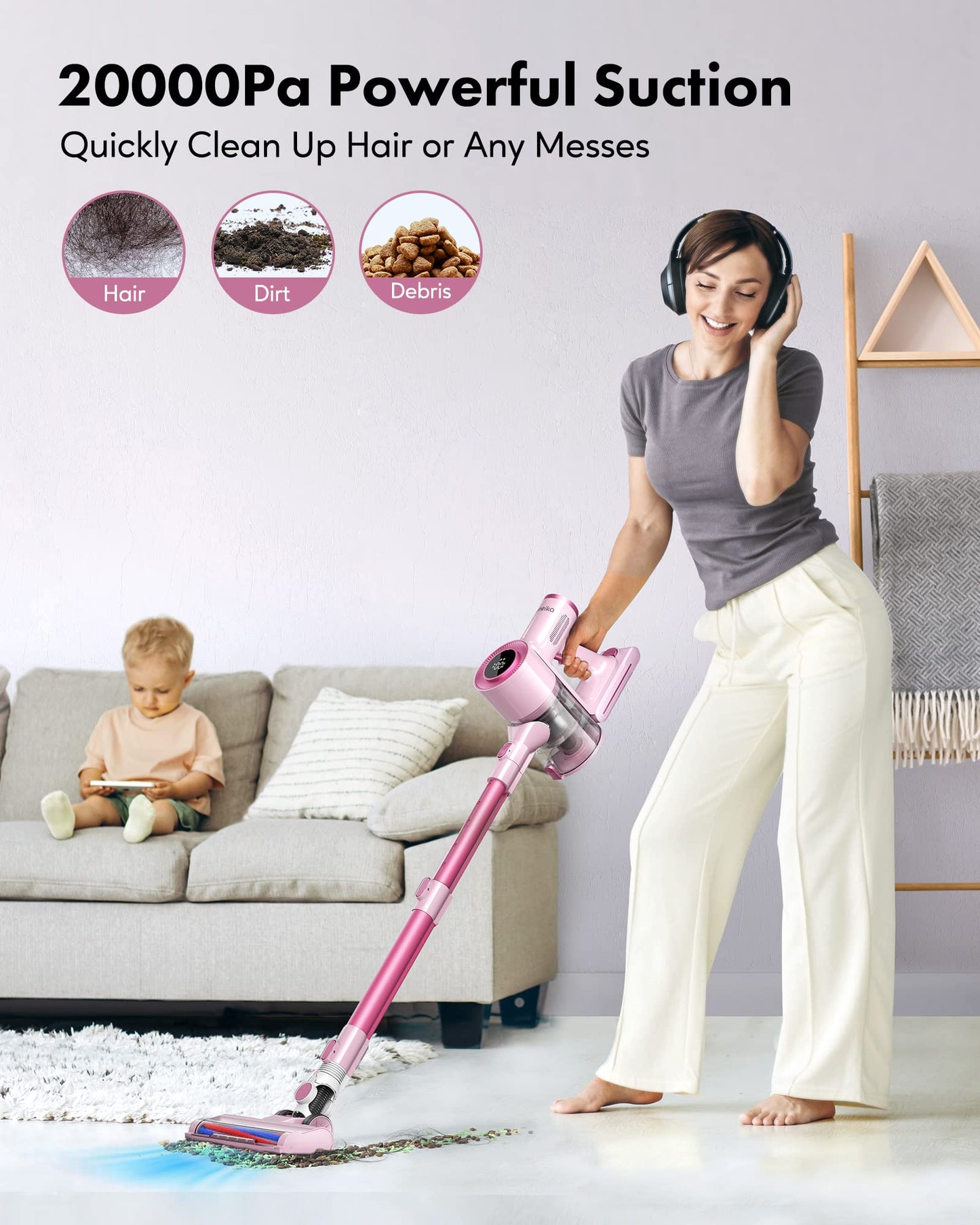 Homeika Cordless Stick Vacuum Cleaner, 20Kpa Powerful Suction Vacuum Cleaner with LED Display, 30 Min Runtime Detachable Battery, 1.5L Dust Cup, for Carpet and Hard Floor Pet Hair (Pink)