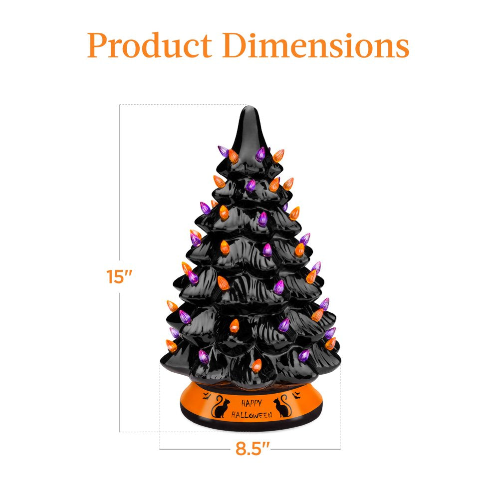 15in Pre-Lit Ceramic Tabletop Halloween Tree, Holiday Decoration w/ Orange & Purple Bulb Lights