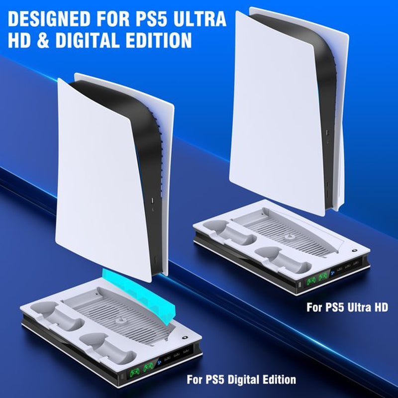 PS5 Stand Cooling Fan with Dual Controller Charger Station for Sony Playstation 5 Game Console,PS5 Controller Accessories-White