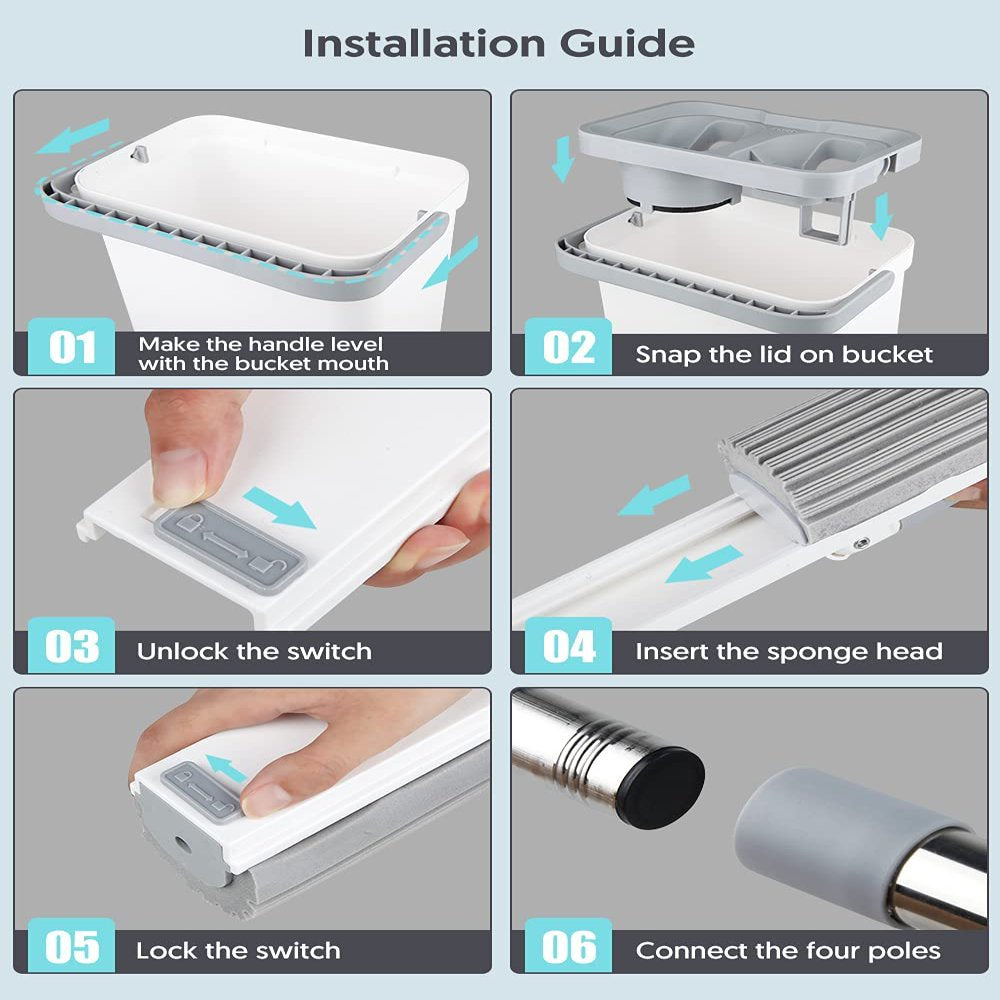 SUGARDAY Sponge Mop and Bucket Set with Wringer - Floor Wet Mop with 3 PVA Sponge Heads for Floor Cleaning
