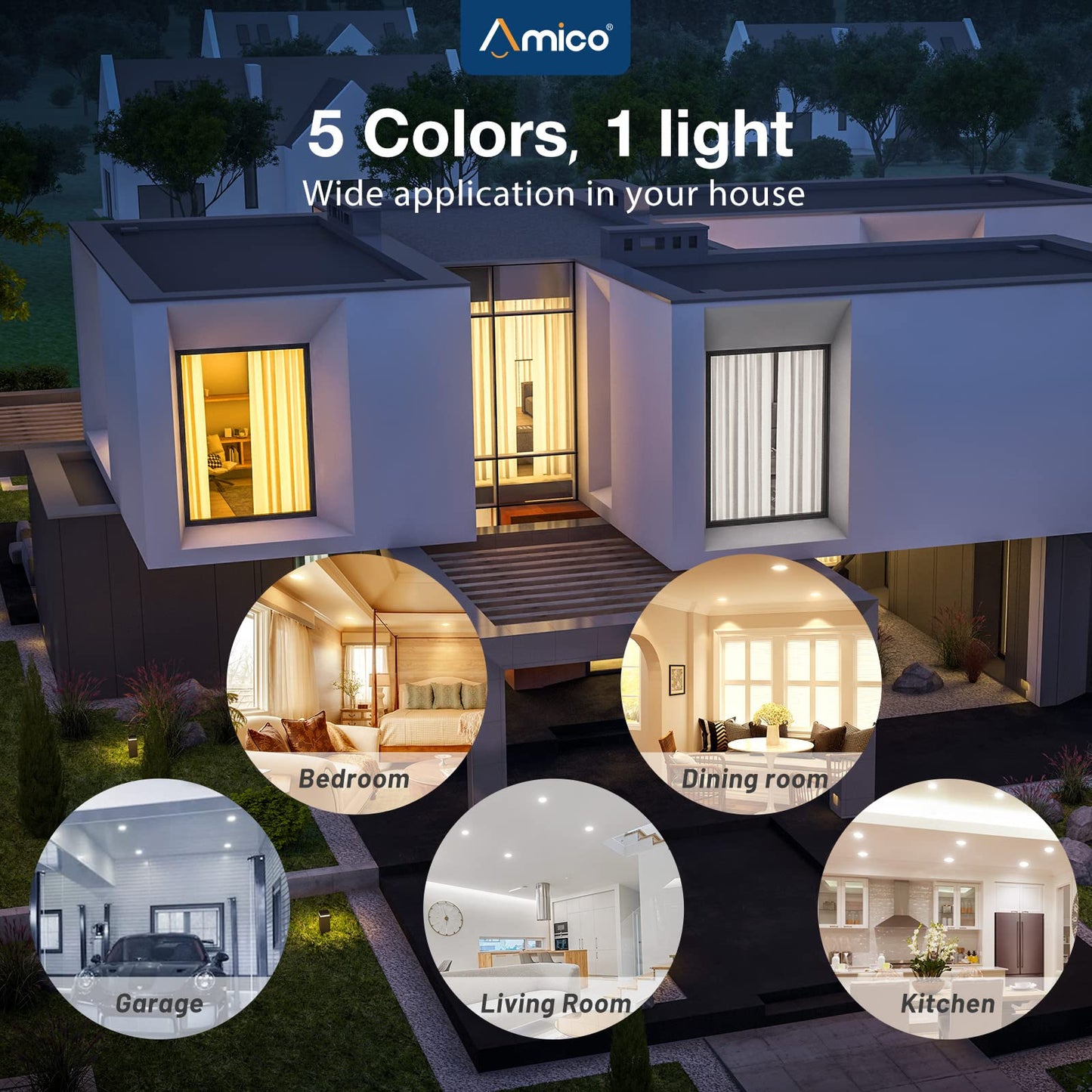 Amico 24 Pack 4 inch 5CCT LED Recessed Lighting, Dimmable, 9W=60W, 650LM, 2700K/3000K/4000K/5000K/6000K Selectable, Retrofit Can Lights with Baffle Trim, IC & Damp Rated - ETL & FCC Certified