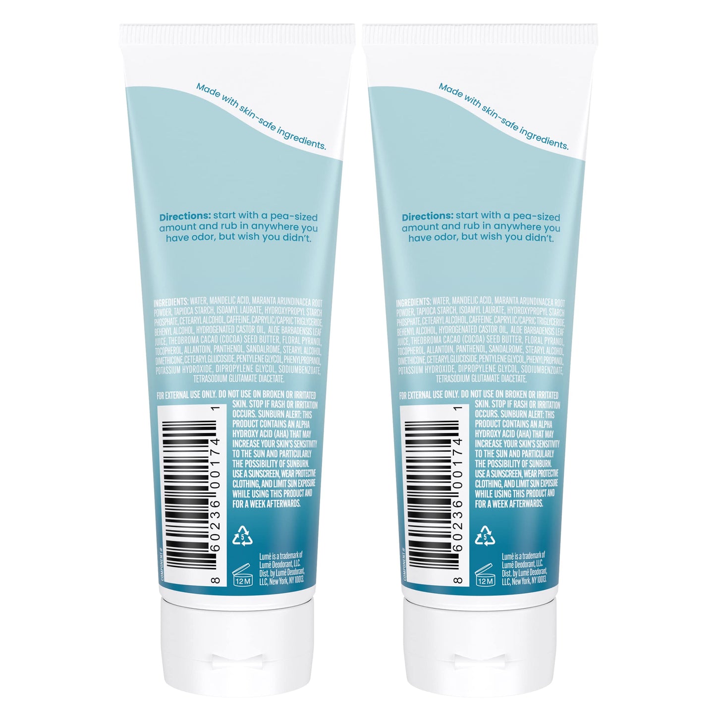 Lume Whole Body Deodorant - Invisible Cream Tube - 72 Hour Odor Control - Aluminum Free, Baking Soda Free, Skin Safe - 3.0 ounce (Pack of 2) (Unscented)