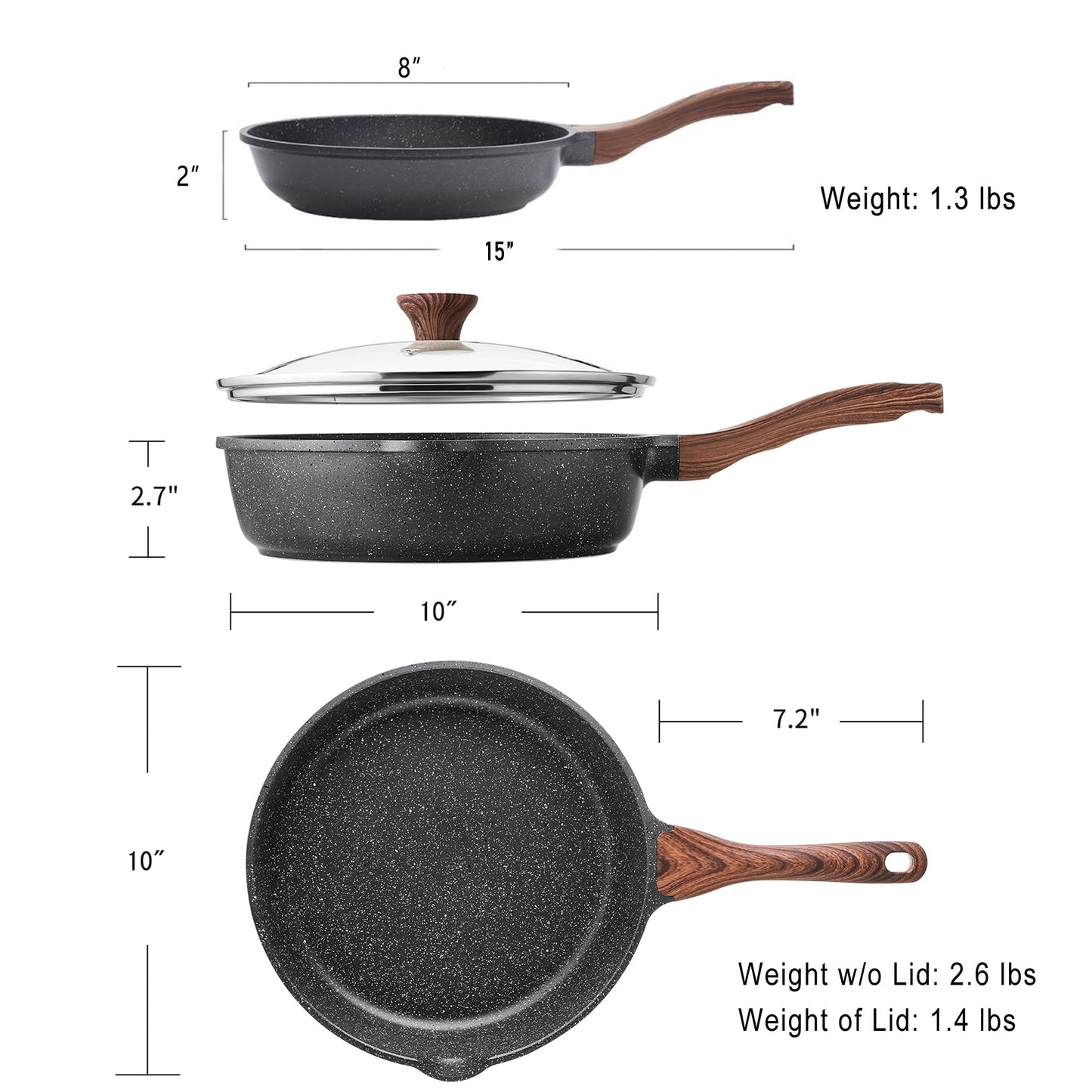 SENSARTE 3-Piece Nonstick Skillets Pans Set, Contains 8 Inch Frying Pan and 10 Inch Saute Pan with Swiss Granite Coating, Induction Compatible, Stay-cool Handle, PFOA Free