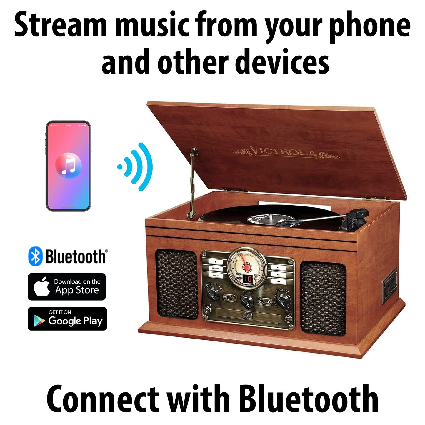 Victrola Nostalgic 6-in-1 Bluetooth Record Player & Multimedia Center with Built-in Speakers - 3-Speed Turntable, CD & Cassette Player, FM Radio | Wireless Music Streaming | Mahogany