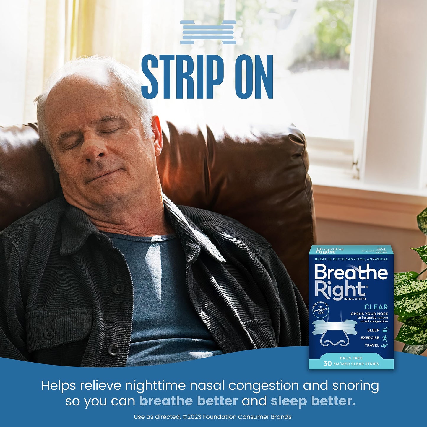 Breathe Right Original Nasal Strips Clear Sm/Med For Sensitive Skin Drug-Free Snoring Solution & Nasal Congestion Relief Caused by Colds & Allergies 30 ct (Packaging May Vary)