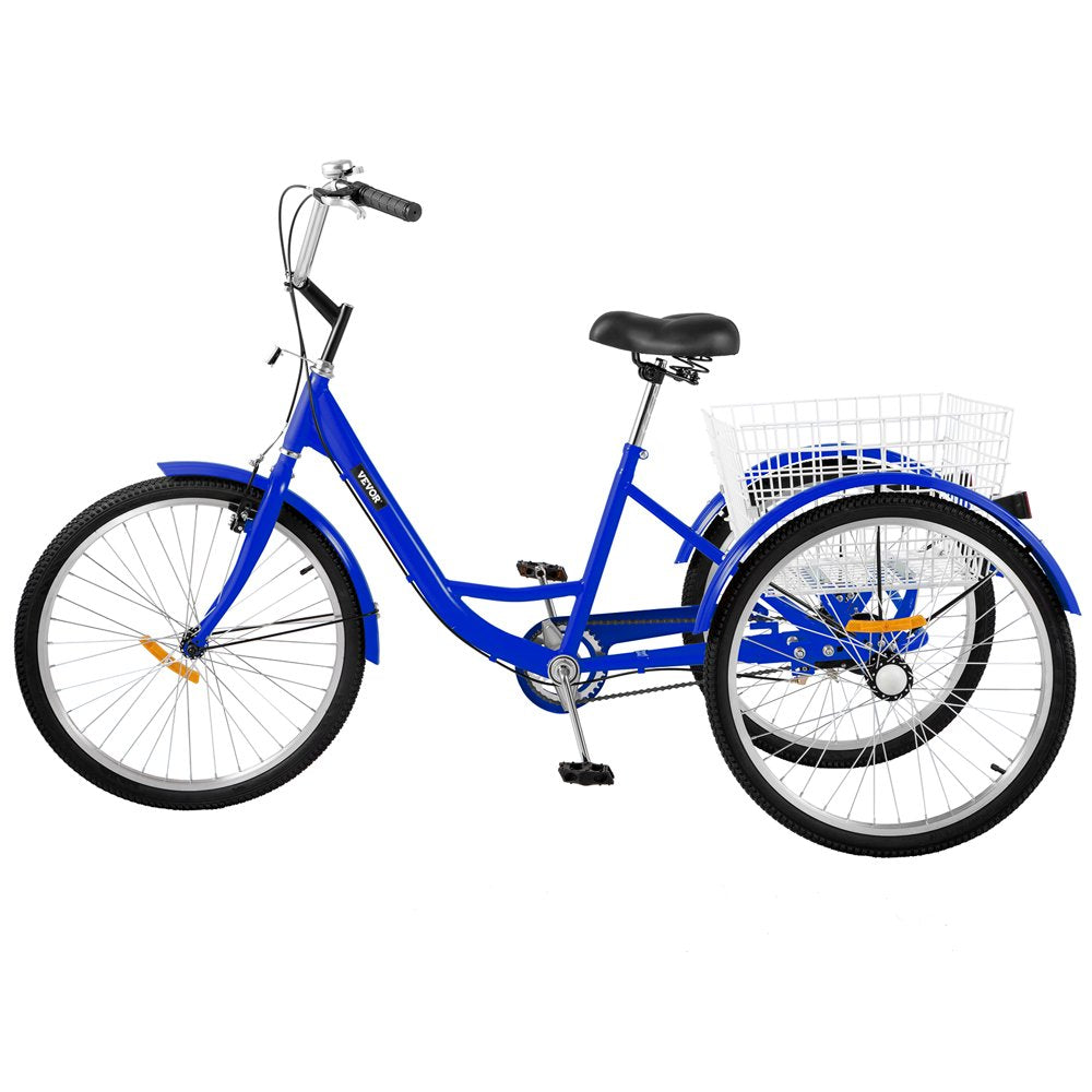 VEVOR Adult Tricycle 24",1-Speed 3 Wheel Bike Seat Adjustable Trike with Bell Brake System and Basket Cruiser Bicycles Large Size for Shopping( Blue)