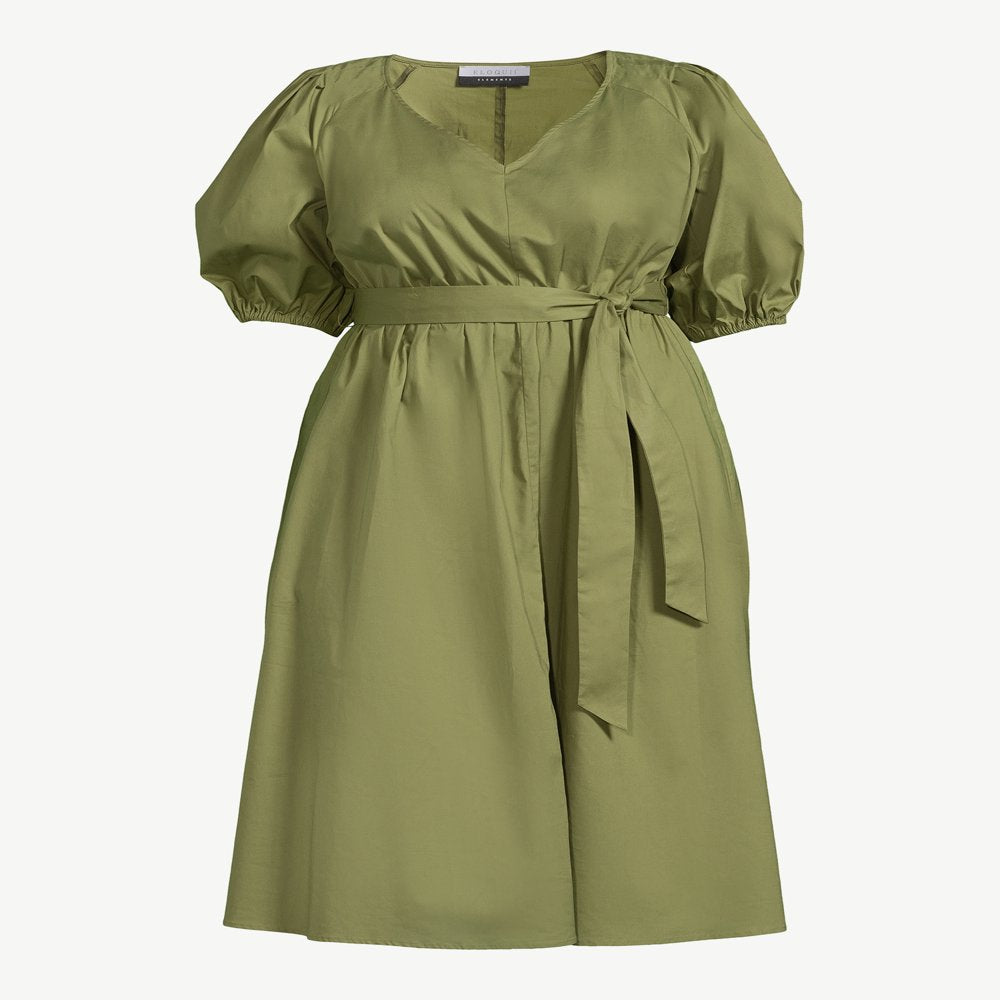Women'S plus Size Puff-Sleeve Belted Midi Dress