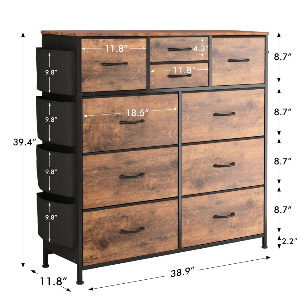 10 Drawer Dresser, Chest of Drawers for Bedroom Fabric Dressers with Side Pockets and Hooks, Brown