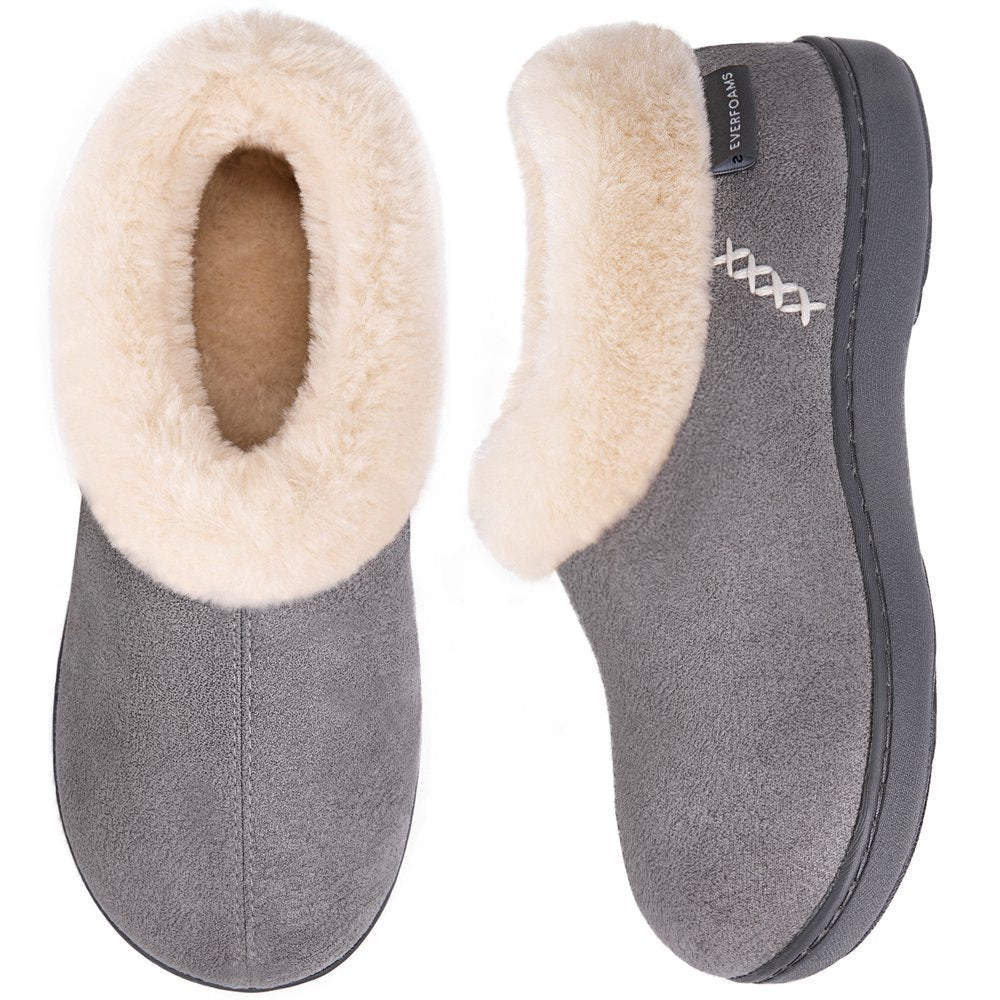 Women's Micro Suede Cozy Memory Foam Winter Slippers with Fuzzy Faux Fur Collar and Indoor Outdoor Rubber Sole