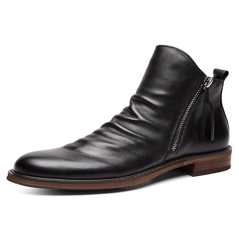 Ritualay Mens Comfortable Dress Boots round Toe Ankle Booties Business Work Side Zip Leather Boot Wine Red 8.5