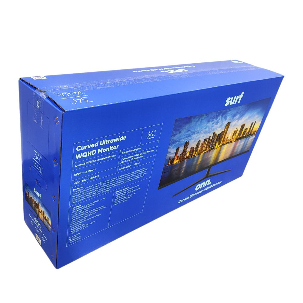 onn. 34" Curved Ultrawide WQHD (3440 x 1440p) 100Hz Bezel-Less Office Monitor with Cable, Black, New