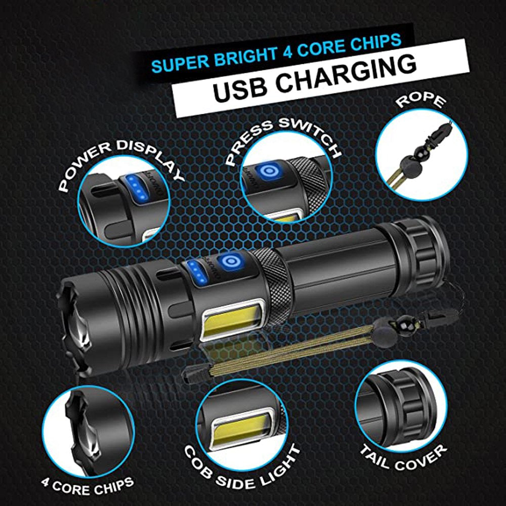 100000 Lumens Powerful Flashlight, Rechargeable Waterproof Searchlight XHP70 Super Bright Handheld Led Flashlight Tactical Flashlight 26650 Battery USB Zoom Torch for Emergency Hiking Hunting Camping