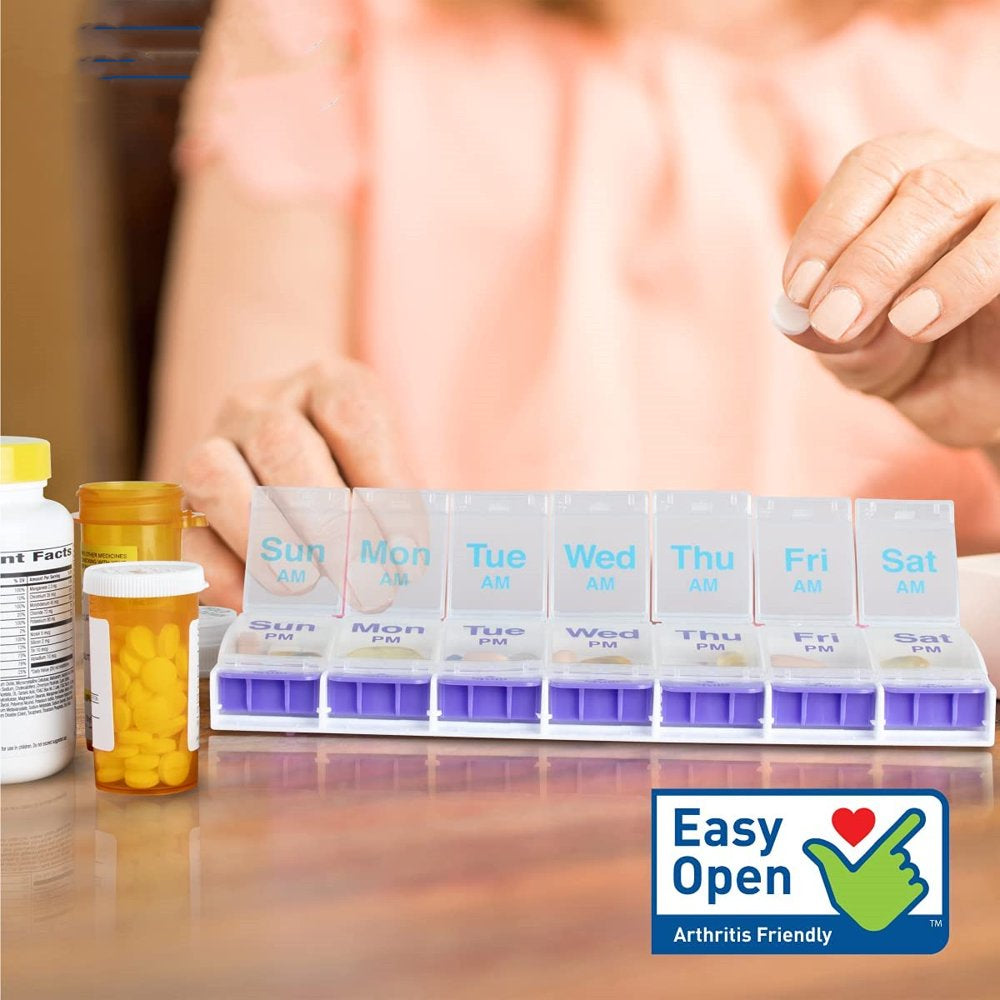 Push Button Pill Organizer, Weekly Pill, Medicine, Vitamin Organizer Box, 7 Days Pill Container, 2 Times a Day, AM PM, Large Compartments, Arthritis Friendly