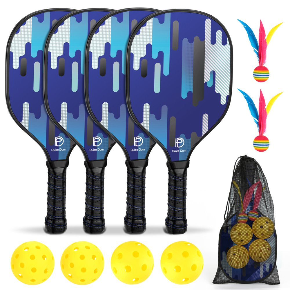 Wood Pickleball Paddles Set of 4 with Mesh Bag, 4 Pickleballs (Indoor/Outdoor) and 2 Cricket Balls, Classic 9-Ply Basswood Wooden Pickleball Rackets with Safe Edge Guard, Cushion Grip