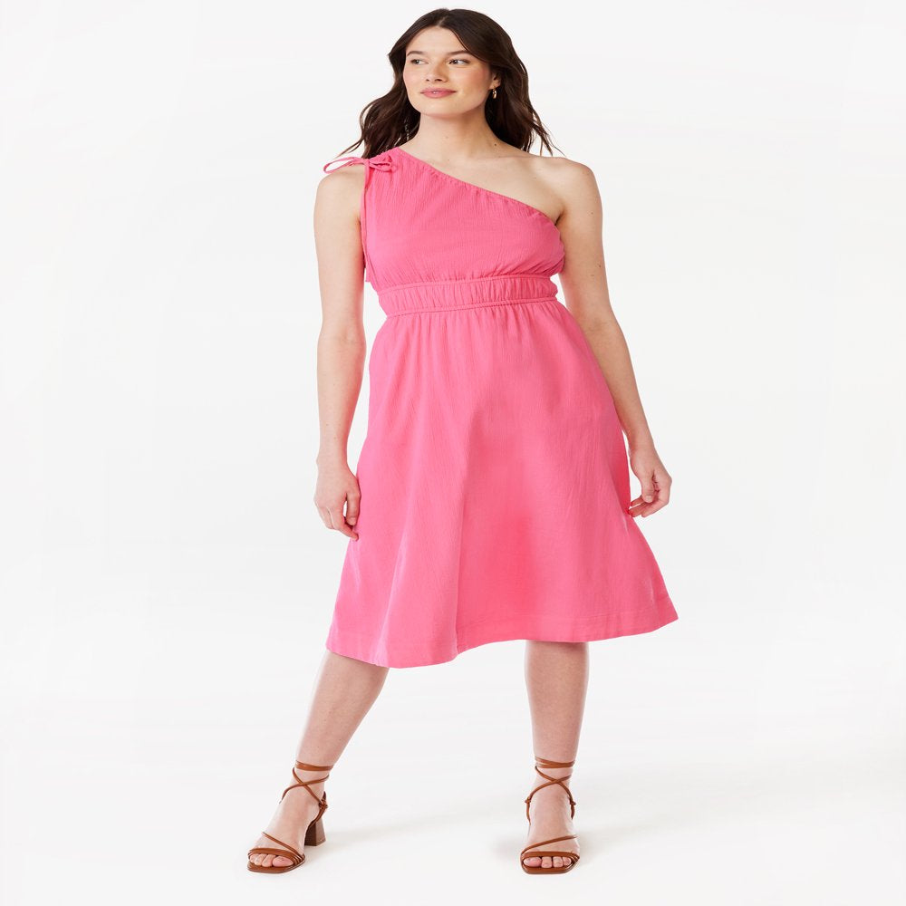 Women's Sleeveless One Shoulder Midi Dress with Elastic Waist, Sizes XS-XXL