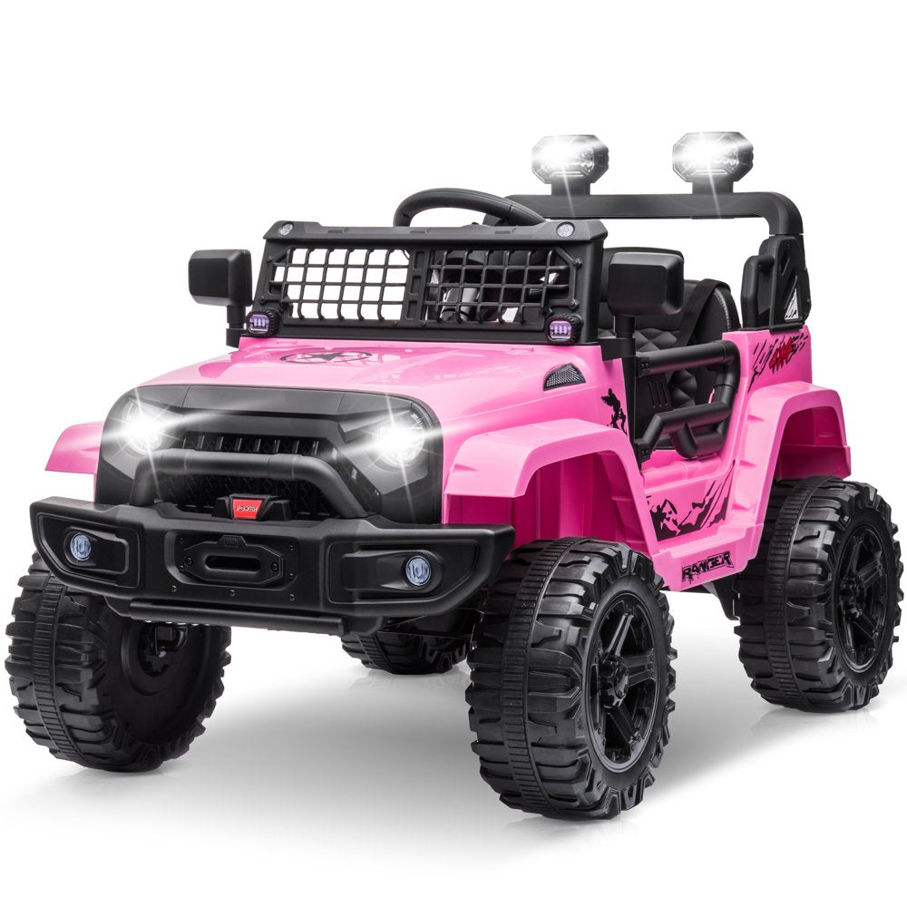 Clovercat 12V Ride On Toys Battery-Operated Jeep Car for Kids, Electric Powered Toy Truck, with Parent Remote Control, LED Lights, Bluetooth Music and Spring Suspension, Pink