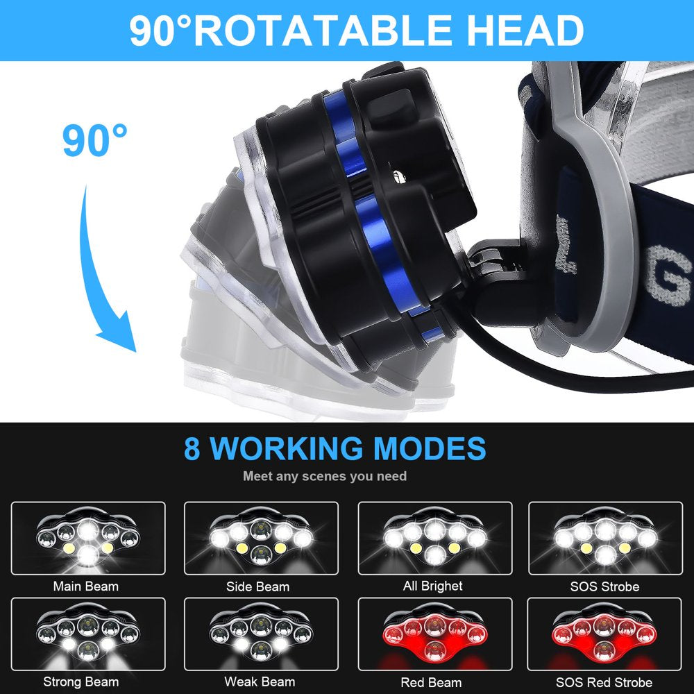 Rechargeable Headlamp, 18000 Lumen 8 LED 8 Modes Waterproof Headlight with Red Warning Lihgt for Camping, Fishing, Car Repair, Outdoor