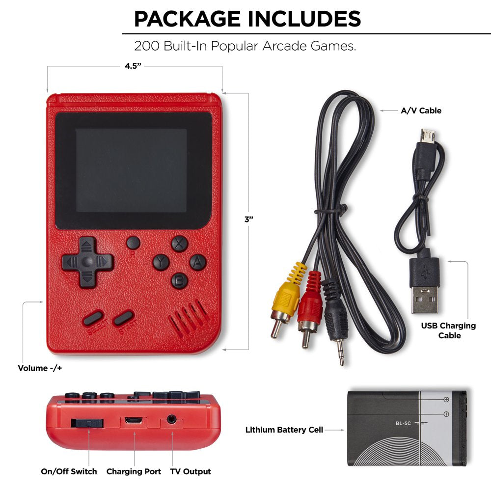 Arcade Fun Portable Gaming Console - Classic Retro Handheld with 200 Arcade Games (Red)