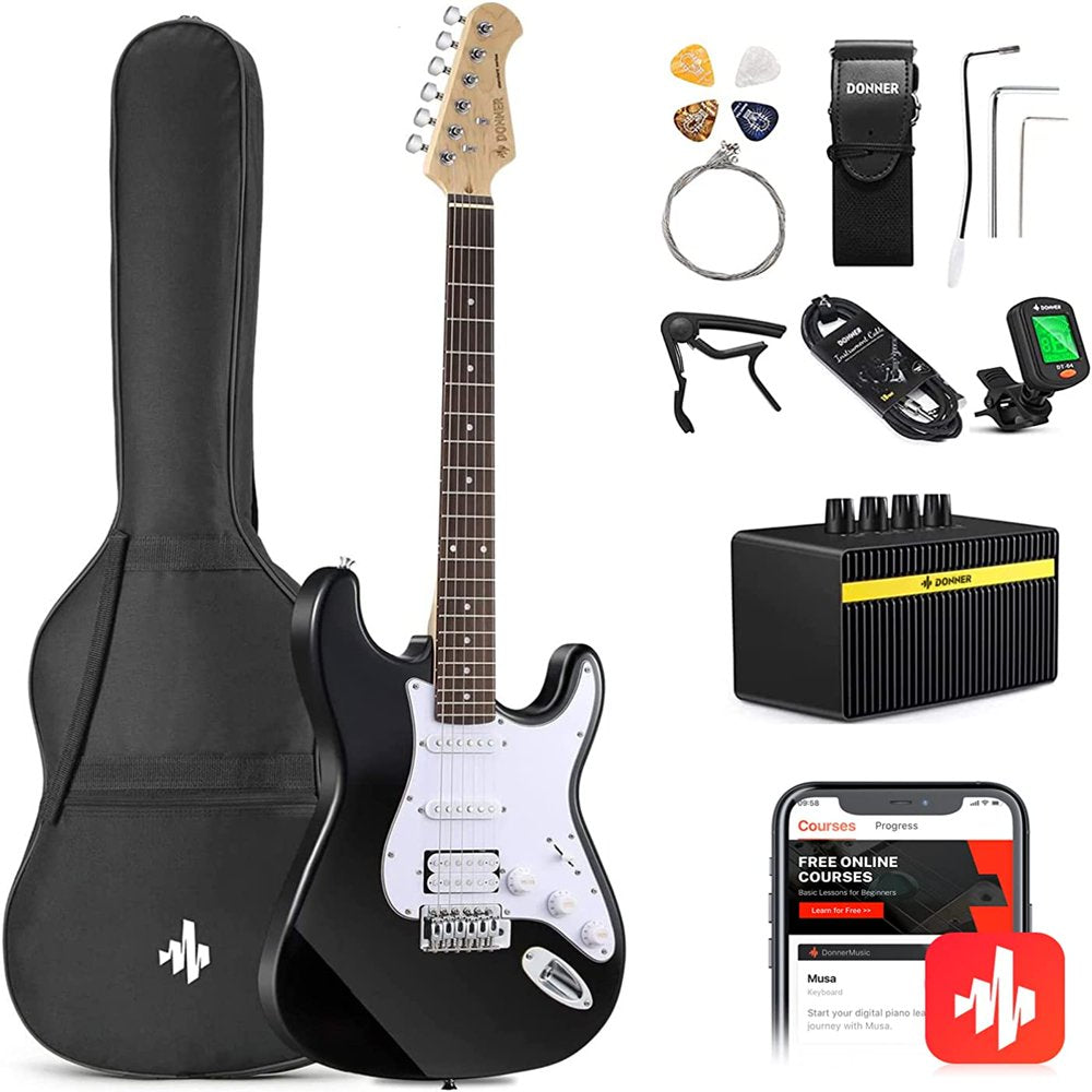 39" Electric Guitar Beginner Kit Solid Body Full Size HSS for Starter, with Amplifier, Bag, Digital Tuner, Capo, Strap, String, Cable, Picks, Black