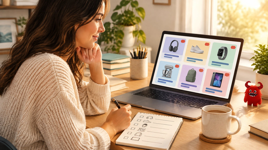 Shopper reviewing a simple need-list beside a laptop with generic deal listings