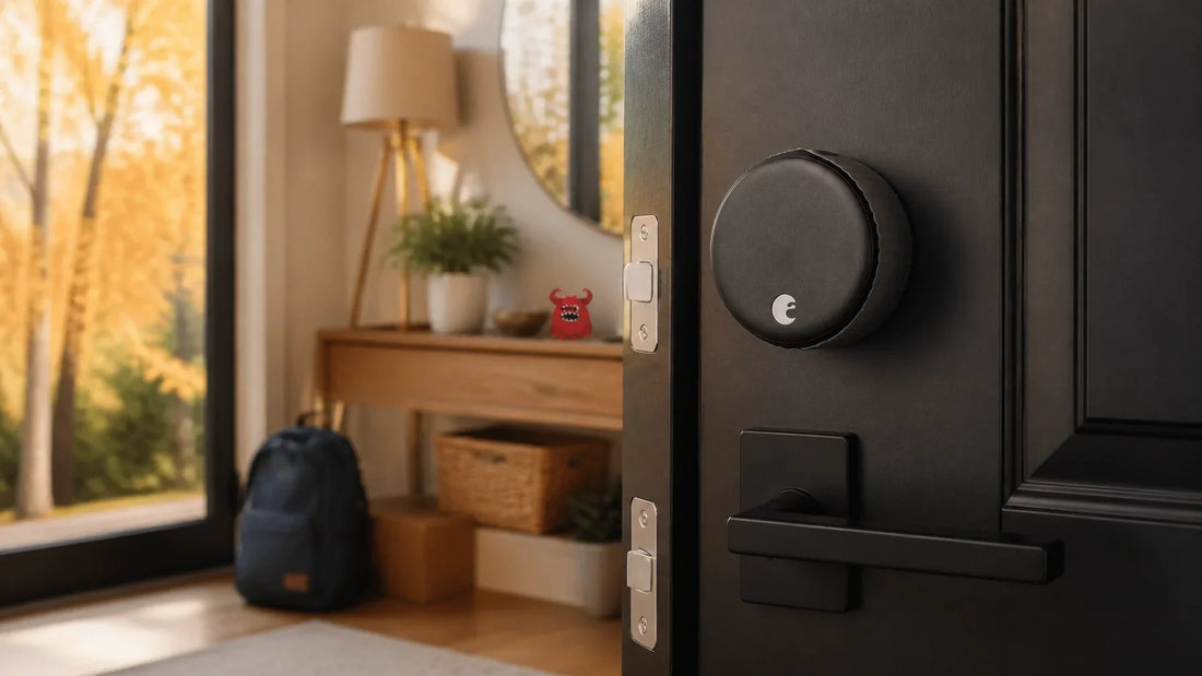 Interior retrofit smart lock on a modern front door during an early-fall home reset