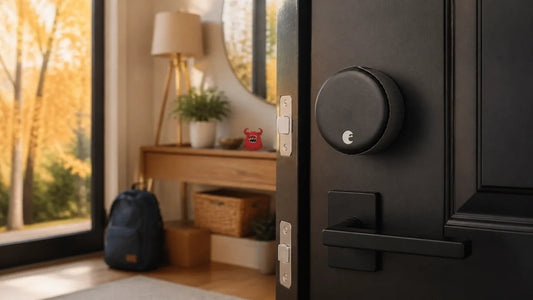Interior retrofit smart lock on a modern front door during an early-fall home reset